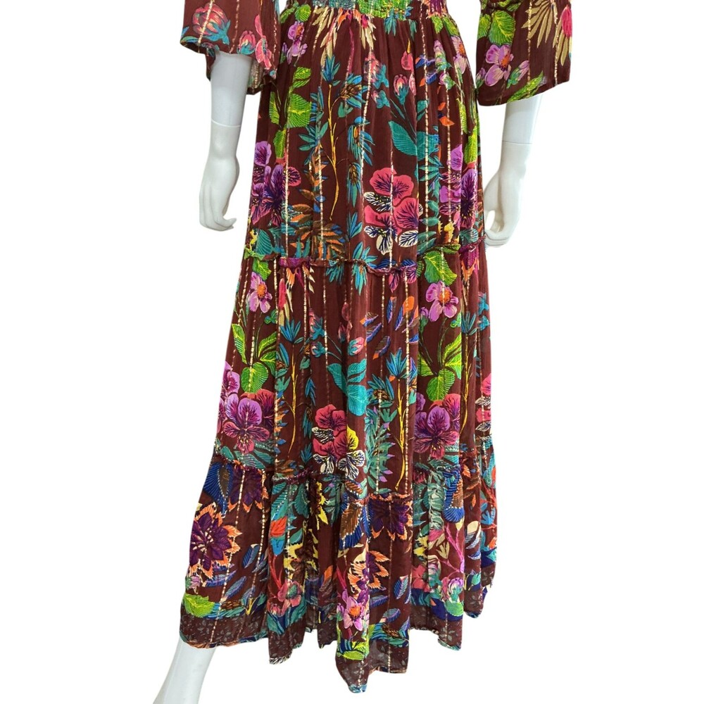 Me 2 Magic Anthropologie Maxi Dress S Floral Gold Stripe Fairy Whimsigoth  BOHO - Picture 7 of 14